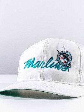 Vintage 90s Florida Marlins The Game Script Snapback Hat White MLB Vtg